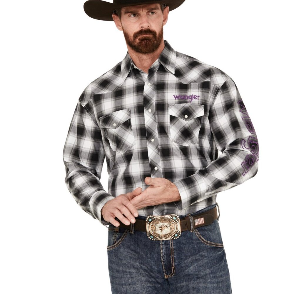 Wrangler Mens Logo Long Sleeve Snap Plaid Shirt Black White Buffalo